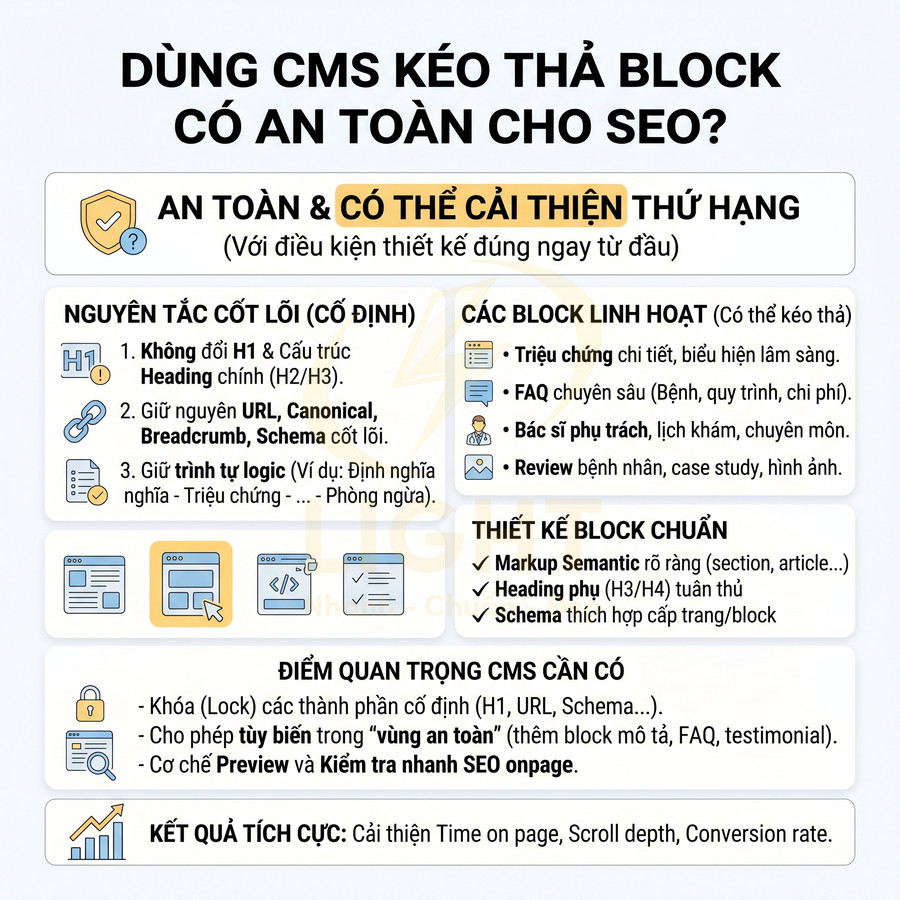 Infographic hướng dẫn dùng CMS kéo thả block an toàn cho SEO với nguyên tắc cốt lõi và các block linh hoạt
